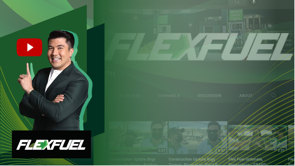 Flex Fuel with Luis Manzano pointing the YouTube icon.