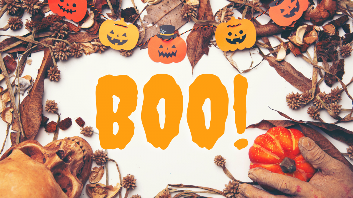 Halloween elements with the word Boo! in the middle.